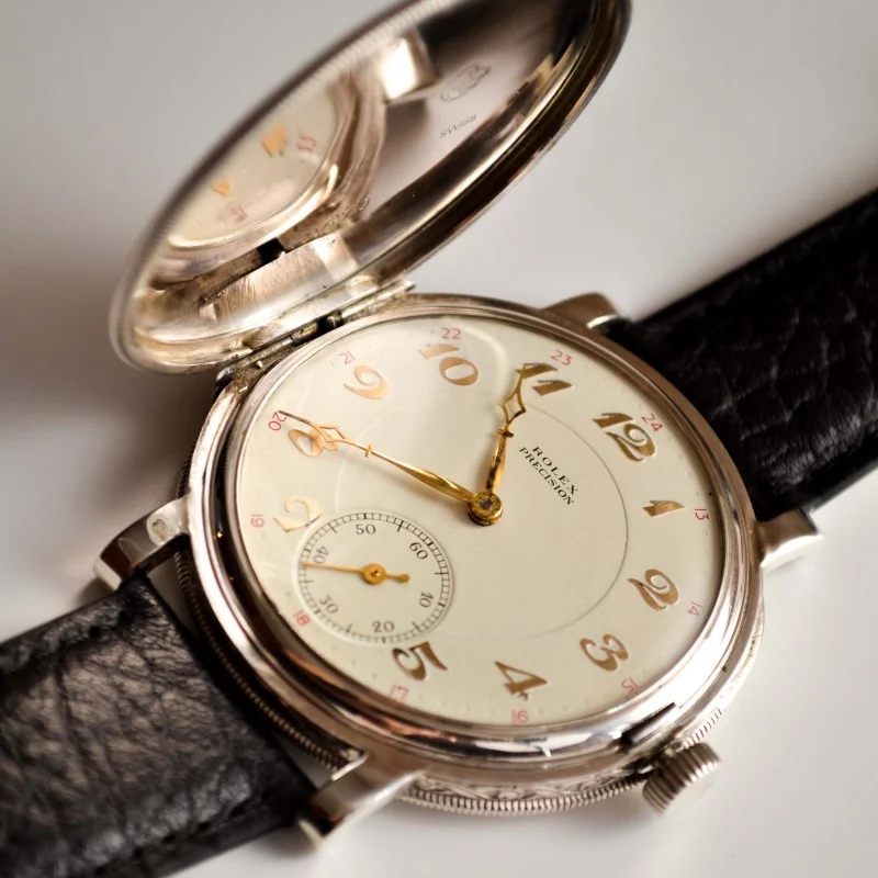 Rolex Precision full hunter antique WW1 trench men’s watch vintage solid silver guilloche 15 jewels gilt dial antique timepiece circa 1920