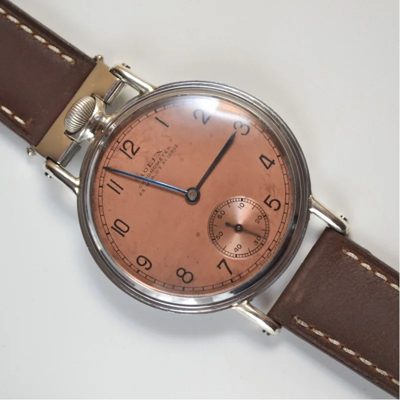 Vintage Rolex chronometer precision pre explorer rare tropical brown red gilt lollipop dial antique original mens pocket watch conversion to trench