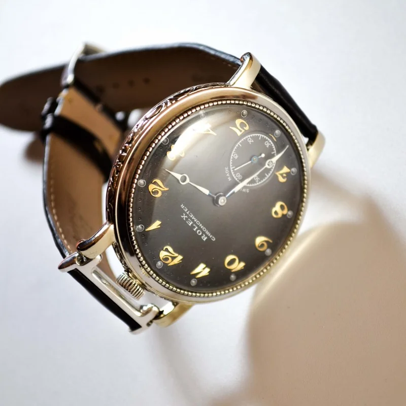 48 mm antique Rolex military pilots watch luminous marks vintage mens chronometer guilloche art deco case