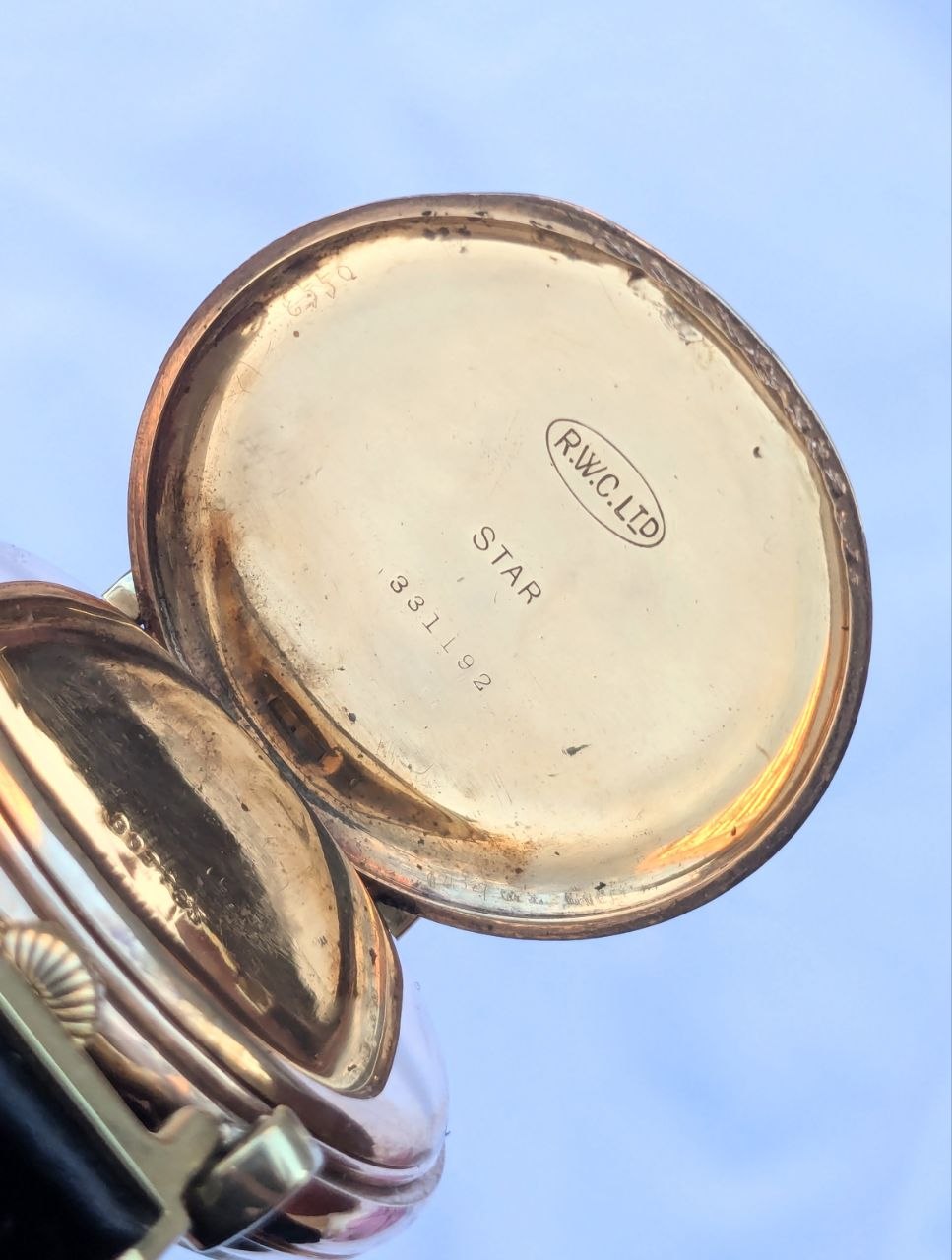 Pocket Rolex inner case cover, Dennison Star 50mm, rolled gold construction detail, 1930s