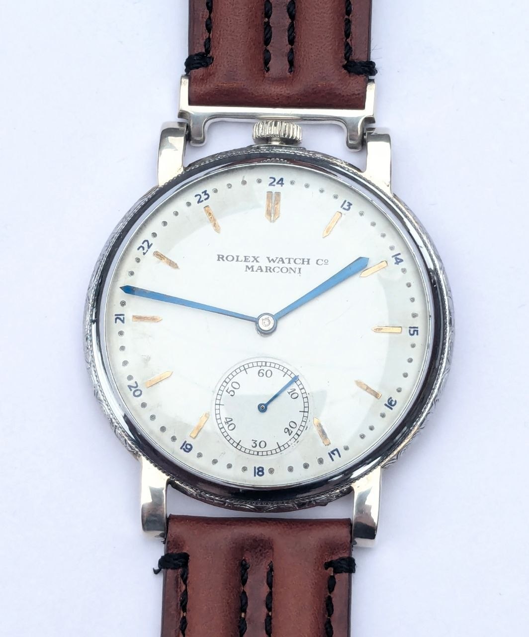 Art deco Rolex Marconi dial detail, guilloche pattern and sub-seconds dial, near mint Hans Wilsdorf RWC Ltd