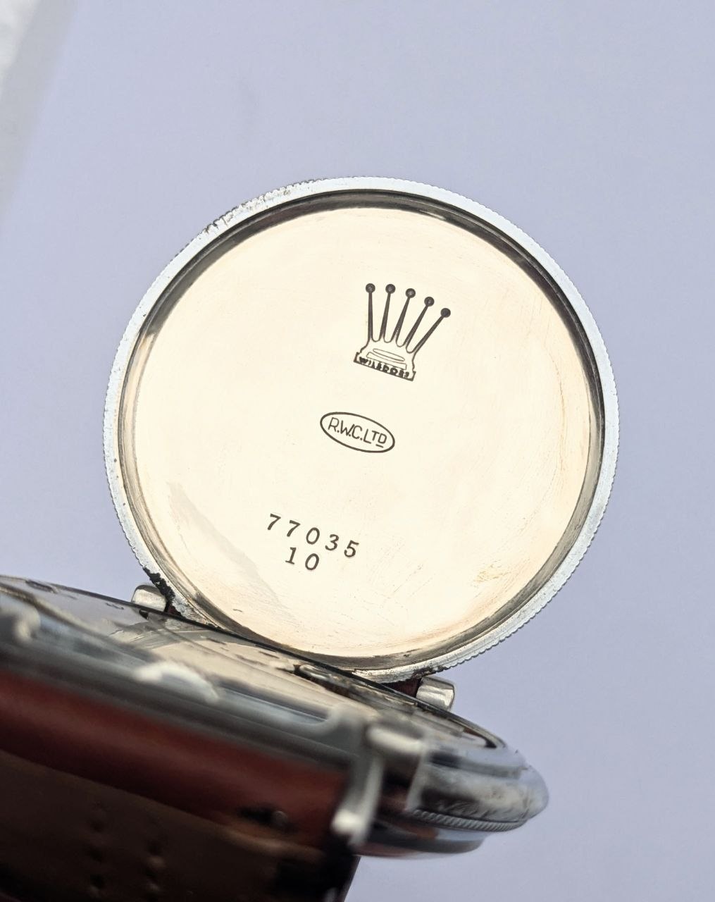 Rolex Coronet hallmark detail on case back, Swiss silver stamp, Marconi guilloche art deco watch