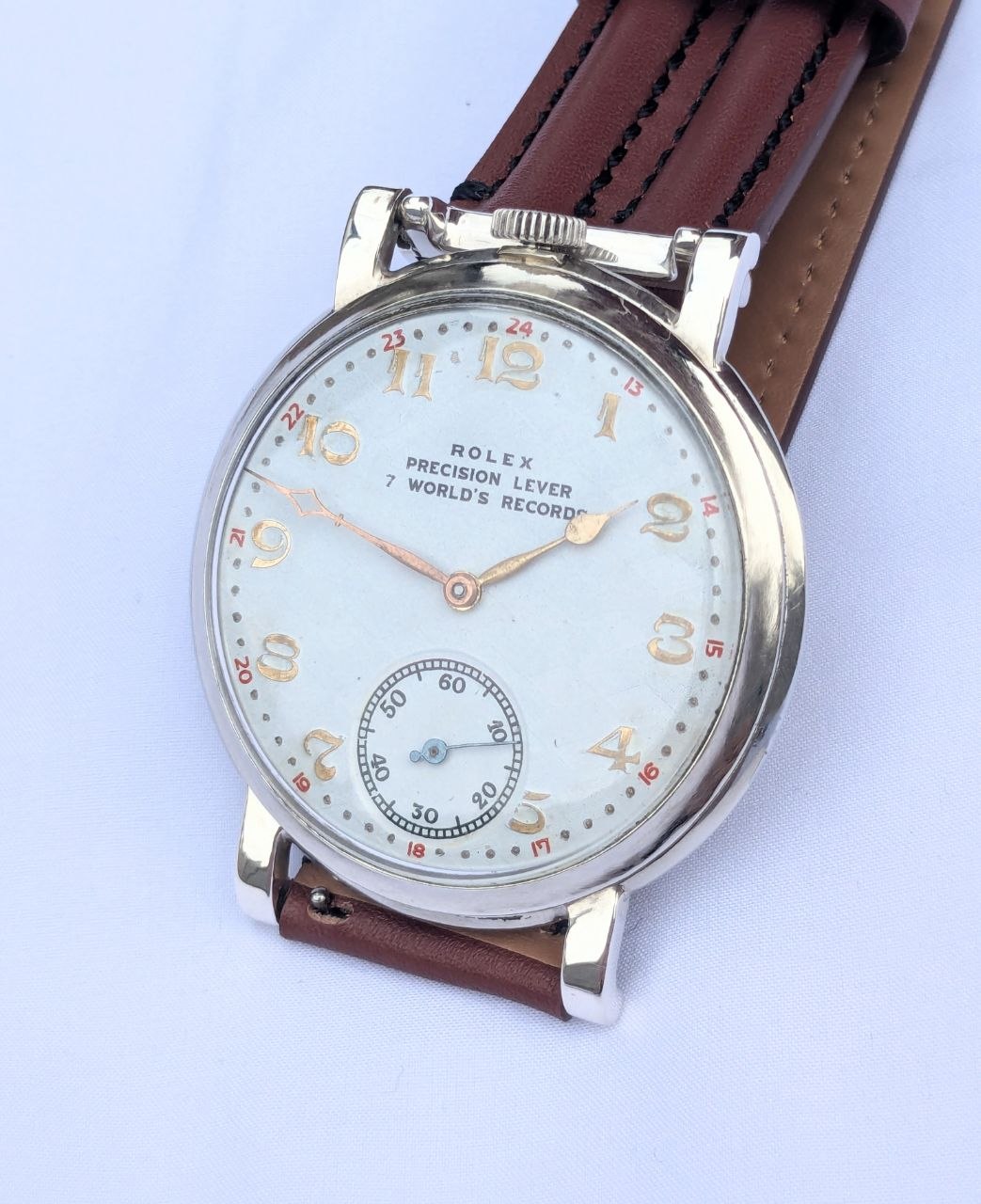 Rolex pocket watch circa 1930 front view, welded lugs conversion, 48mm chronometer dial with Arabic numerals