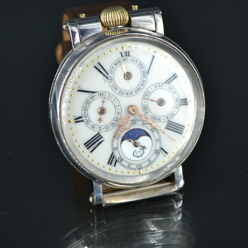 Omega Jura Perpetual Calendar Moonphase silver WW1 antique swiss men wristwatch