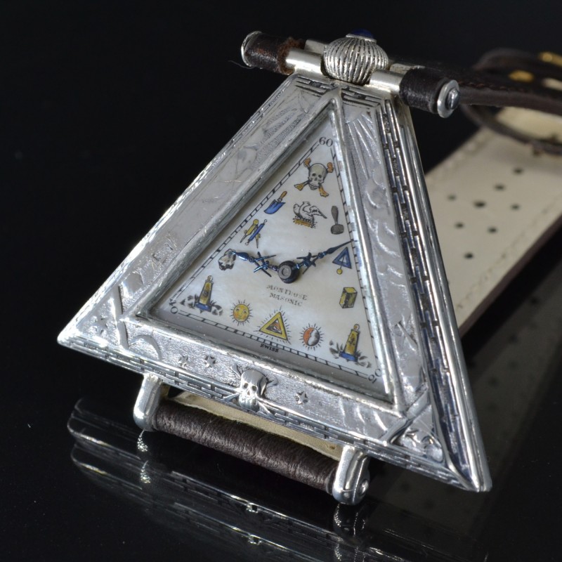 Triangle Masonic High Grade Shockproof Sterling Silver Antique Swiss Wristwatch photo 2