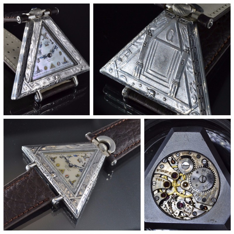Triangle Masonic High Grade Shockproof Sterling Silver Antique Swiss Wristwatch photo 7
