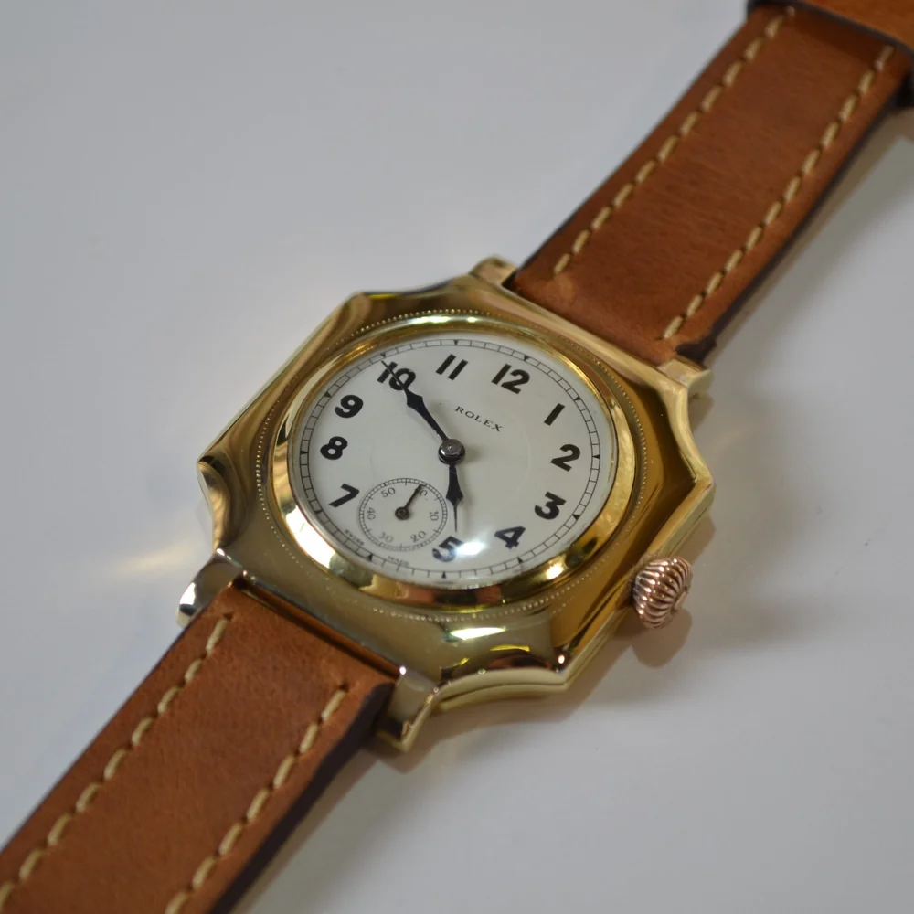 Vintage 39mm square cushion mens gold plated Rolex watch