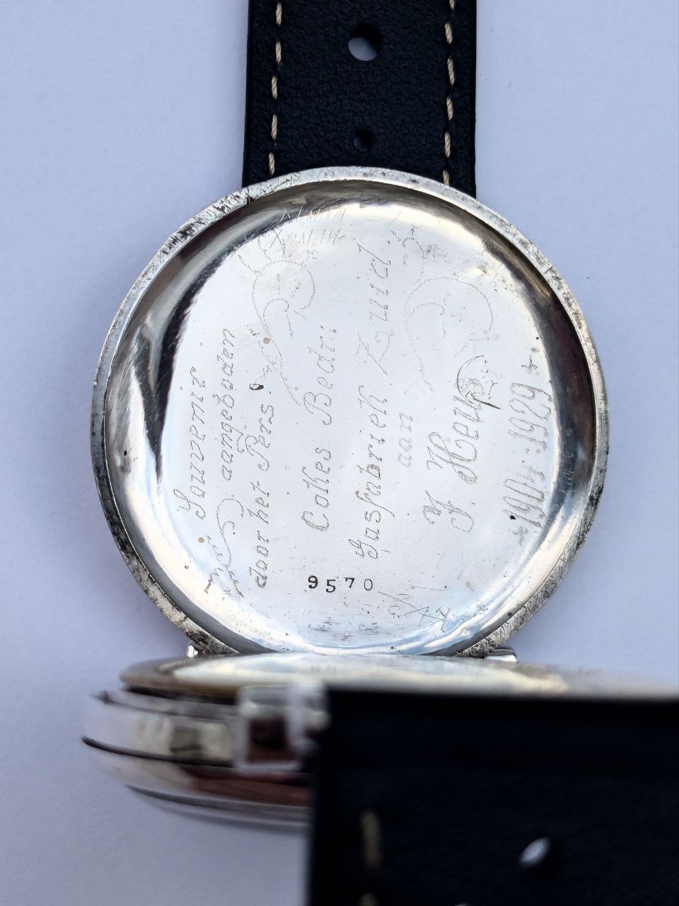 Rolex Marconi pocket watch inner case engraving and movement detail, solid silver