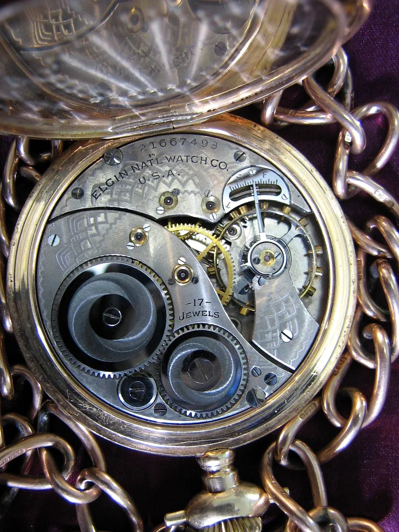 Elgin 18s pocket watch — A gold pocket watch made by the Elgin National Watch Company of Elgin, Illinois,