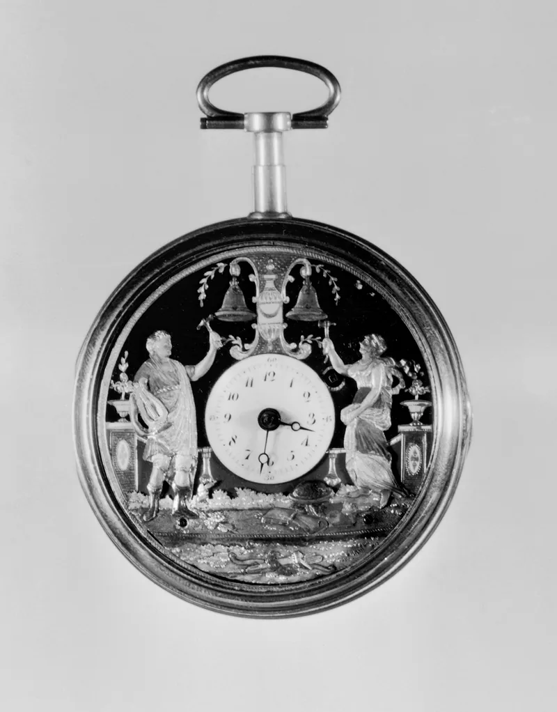 Minerva 14s pocket watch — The appliqué figures strike the bells with their movable arms. The Swiss case en