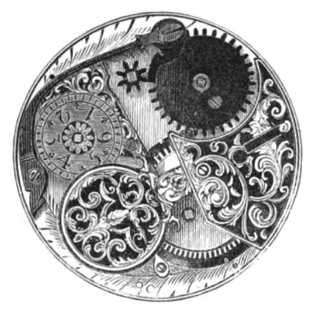New York Standard 10s pocket watch — Drawing of the movement of an antique pocketwatch from the 16th century.  The vi