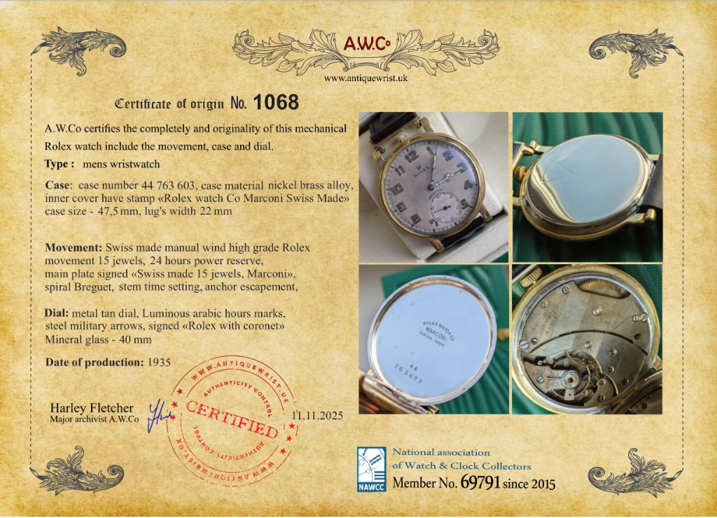 Certificate of Authenticity — vintage Rolex Marconi wristwatch 47.5mm, movement and dial documented