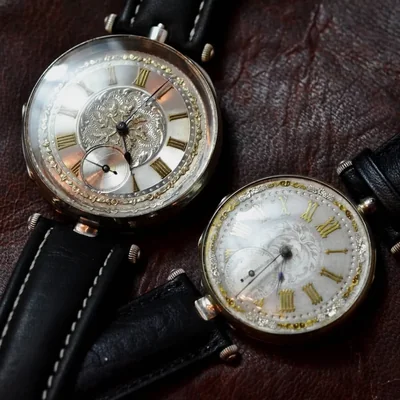 Vintage pocket watch conversion — open face crown at 12 o'clock