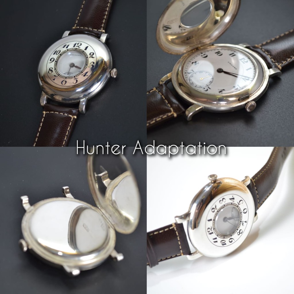 Hunter pocket watch conversion to wristwatch — full hunter hinged cover adaptation