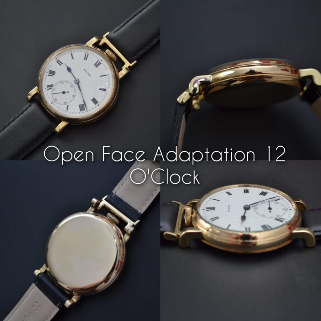 Pocket watch to wristwatch conversion — crown at 12 o'clock, gold case Rolex movement