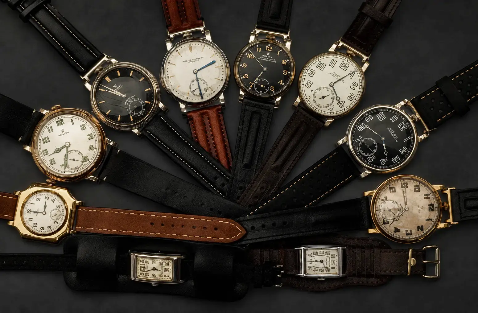 Hand-finished pocket watch to wristwatch conversions with welded lugs — antique wristwatches with preserved dials and original movements