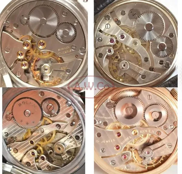 Rolex pocket movement reference — four movement examples jeweled